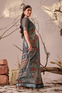 Sari de Lino y Seda Gris Elegante al por Mayor, Lujoso con Estampado Floral Digital, Traje Tradicional Indio con Borde Zari y Patrones Contrastantes - Product Image 2