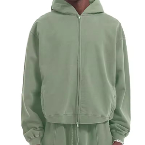 Sweat à capuche unisexe vintage vert sauge délavé, entièrement zippé, en molleton de coton épais de qualité supérieure, coupe oversize, avec fente - Product Image 1