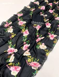 Beautiful Top Quality Satin Georgette with Floral Digital Print & Swarovski Cut-work Border <b>Saree</b>-<b>Blouse</b> Woman Fashion - Product Image 5