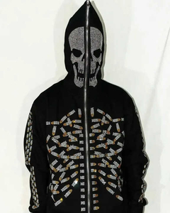 Sweat à capuche noir pour homme avec strass et motif crâne, coupe oversize, fermeture éclair intégrale, design gothique, motif squelette sur toute la surface, coupe classique, idéal pour l'automne - Product Image 4