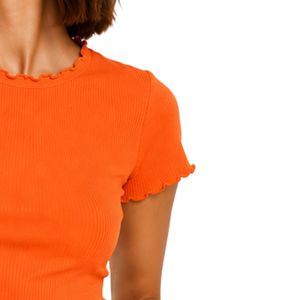 Top Corto Acanalado Naranja para Mujer, Manga Corta, Cuello Redondo con Volantes, Algodón y Spandex, Ajuste Delgado, Camiseta Casual de Verano, OEM Personalizado - Product Image 4