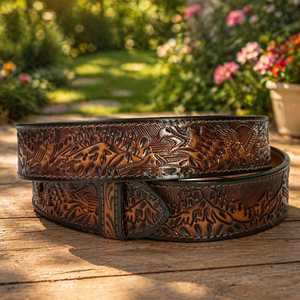 High Finish Antique Brown Full Grain Western Leather <b>Tooling</b> <b>Belt</b> for Men and Women with Snap Button for Buckle Change - Product Image 6