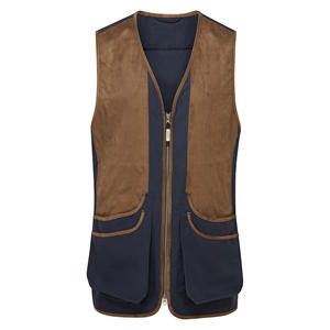 Chaleco de tiro al tirolesa azul marino al por mayor con hombros de gamuza marrón y malla transpirable, chaleco de tiro al lomo de malla con logotipo personalizado para exteriores - Product Image 1