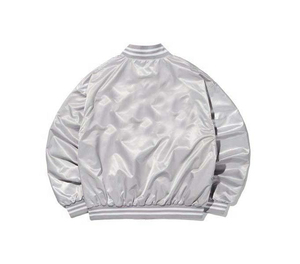 Men's <b>Silver</b> Satin Varsity <b>Jacket</b> Regular Fit Turn-down Collar Button Closure Casual Autumn Wear - Product Image 2
