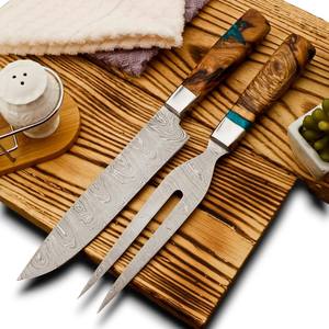 Ensemble de couteaux de chef professionnels forgés à la main en acier Damas, couteau à découper et fourchette, manche personnalisable en résine d'olivier, OEM/ODM - Product Image 1