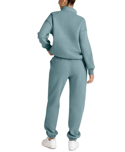 Ensemble sweat à capuche demi-zip et pantalon de jogging en coton tricoté pour femme, couleur unie, coupe classique, séchage rapide, idéal pour l'hiver - Product Image 5