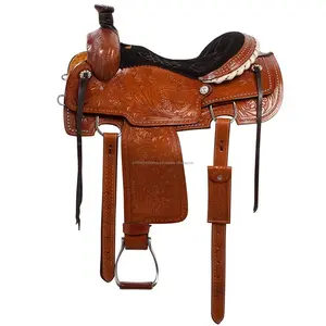 Sillín de caballo tallado antiguo Sillín de cuerda occidental de cuero genuino con juego de tachuelas duraderas para carreras de caballos a precio mayorista - Product Image 1
