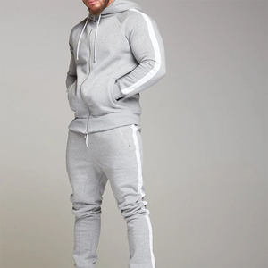 Ensemble de survêtement gris à capuche pour homme, fermeture éclair intégrale, couleur unie, sweat-shirt et pantalon décontractés avec bandes latérales blanches, coton respirant - Product Image 5