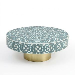 Table basse ronde artisanale en os incrusté avec piétement en laiton, motif étoile géométrique moderne, style marocain, table d'appoint centrale - Product Image 3