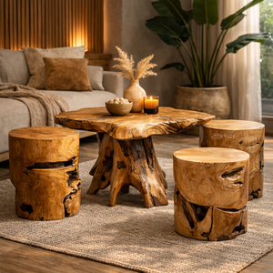 Juego de Mesa de Raíz de Teca Rústica Premium ARTERRA, Taburetes de Madera Natural Hechos a Mano, Muebles para Sala de Estar, Hoteles/Villas, Acabado Antiguo - Product Image 4