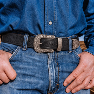 2026 Wholesale Western <b>Belt</b> Black Floral Tooled Leather <b>Belt</b> for Men & Women with Antique <b>Silver</b> Engraved Pin <b>Buckle</b> Cowboy - Product Image 4