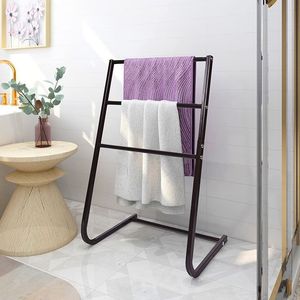 Porte-serviettes autoportant moderne en métal noir à double support, organisateur de salle de bain, structure minimaliste et peu encombrante - Product Image 6