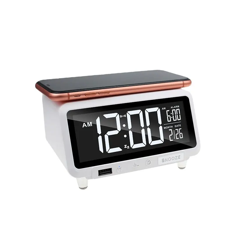 Wireless Mobile Phone 15W Fast Charging Large LCD Display Smart Alarm Desk Table Clock with Night Light USB Charging