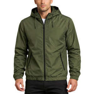 Chaqueta Cortavientos con Capucha para Hombre, Color Verde Oliva, Manga Larga, Cierre de Cremallera, Ligera, Color Sólido, Corte Regular, para Primavera - Product Image 1