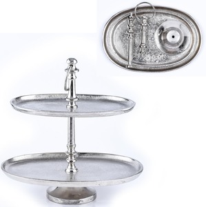 Support à gâteau élégant à deux niveaux en aluminium moulé, finition argentée élégante, parfait pour les desserts, les collations et une présentation de table raffinée. - Product Image 3