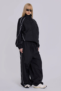 <b>Women's</b> Black Tracksuit Set Solid Color Loose Fit Full Sleeve Zipper Closure Streetwear Style Breathable Polyester Pants <b>Jacket</b> - Product Image 4
