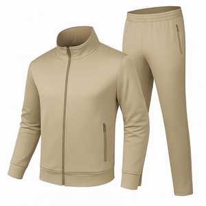 Survêtement kaki pour homme, couleur unie, décontracté, avec fermeture éclair sur le devant, col montant, pantalon de jogging, poches latérales, respirant - Product Image 1
