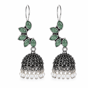 Pendientes Jhumka de Piedra Verde Menta Oxidada |   Pendientes de Perlas Étnicos Estilo Boho - Product Image 2