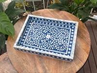 Nampan Sajian Multifungsi Persegi Panjang Motif Bunga Bohemian Vintage dengan Inlay Tulang, Ukuran Besar Hitam Putih untuk Dekorasi Rumah Diwali