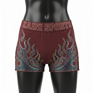 Shorts de mujer con tela elástica de poliéster y spandex premium, con pedrería y logotipo personalizado por transferencia térmica. - Product Image 6