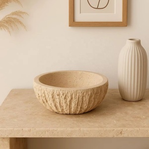 Cuenco de piedra de travertino hecho a mano con textura rústica tallada que añade encanto natural y durabilidad para la decoración del hogar moderno - Product Image 1