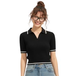 เสื้อถักแขนยาวสำหรับผู้หญิง แต่งขอบตัดกัน ผ้าริบเนื้อเจอร์ซีย์ เป็นมิตรต่อสิ่งแวดล้อม สำหรับเสื้อเชิ้ตแฟชั่นมินิมอล รับผลิตแบบ OEM ODM ออกแบบตามสั่ง ขายส่ง - Product Image 1