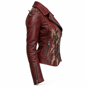 Blouson de motard asymétrique en cuir véritable rouge foncé pour femme, avec imprimé graphique ailes d'ange personnalisées, fermeture éclair et clous, par le fabricant - Product Image 3