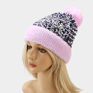 Gorros de Invierno Tejidos de Color Sólido con Lentejuelas y Peluche, Gorro de Lana con Bola de Pelo Desmontable - Product Image 1