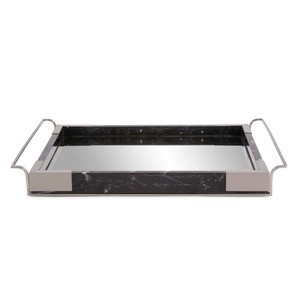 Rectangular <b>Mirror</b> Storage <b>Tray</b> With Metal Handles Black Marble Finish Minimalist Design Table Single Tier Neatening Organizer - Product Image 3