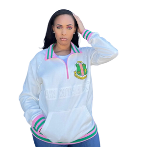   Sweat-shirt unisexe à col zippé, blanc, en polaire premium, style grec décontracté, vêtement d'extérieur blanc et vert - Product Image 5