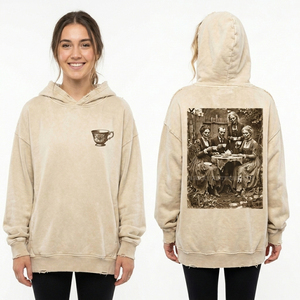 Sweat à capuche oversize beige vintage avec motif squelette 'Victorian Tea Party' et impression personnalisée, effet vieilli, à épaules tombantes, pull, fabricant - Product Image 1