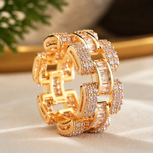 Anillo de Diamantes Baguette y Redondos con Incrustaciones de Moissanita, Unisex, Anillo de Boda de Eternidad Completa, Oro Amarillo Vermeil de 18K, Joyería de Compromiso - Product Image 1