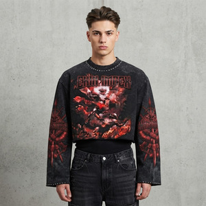 Camiseta de Manga Larga Corta Oversize Personalizada para Hombre, Negra, con Lavado Vintage, Estampado de Letras, Pedrería, Cierre de Cinturón Casual, 100% Algodón - Product Image 3