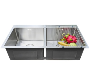 Élégante évier de cuisine double à montage supérieur en acier inoxydable 304, fait main, finition satin brossé, bon prix, usine du Vietnam - Product Image 6