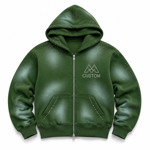 Sudaderas con capucha doble para hombre, verde oscuro, con cremallera y pedrería, forro polar grueso, estilo urbano, diseño de capas, proveedor mayorista personalizado - Product Image 2