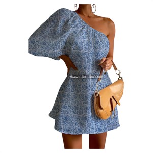 Nuevo Vestido de Verano para Mujer, Corto, de Fiesta, con un Hombro Descubierto y Manga Abullonada, Sexy, de Algodón, con Estampado a Mano - Product Image 2