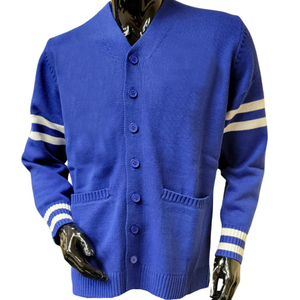 Pull en tricot bleu pour homme, cardigan vintage style universitaire, personnalisé pour les fraternités et les sororités, en laine/acrylique, impression réfléchissante, hiver - Product Image 4