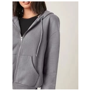 Sudadera con capucha gris de colores personalizados, cierre de cremallera, corte regular, color sólido, informal, de forro polar, unisex, para niñas - Product Image 3