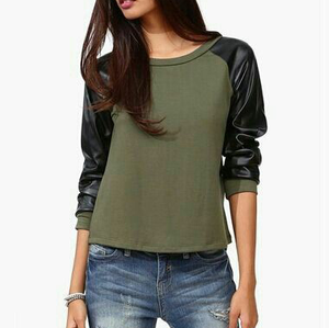 Sweat-shirts noirs unis avec manches en cuir, coupe classique, automne-hiver, en molleton épais, manches en cuir - Product Image 2