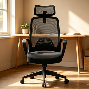 Chaise de bureau ergonomique moderne en maille avec appui-tête réglable, design pivotant, accoudoirs fixes, dossier ouvert, base en plastique, hauteur réglable - Product Image 1