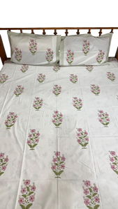 Hand Block Printed Cotton Bedsheet Floral Print White Bedding Indian Handmade Bedspread - Product Image 1
