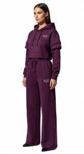 ONETEN APPAREL Women's Maroon Hooded <b>Cropped</b> Sweatshirt Wide Leg <b>Joggers</b> Set Full Sleeve Casual Loose Fit Split Hem Sporty - Product Image 5