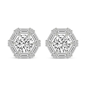 Boucles d'oreilles de luxe hexagonales en or 10k/12k avec fleur de rafflesia et diamants de laboratoire, serties de pierres rondes et baguette - Product Image 1