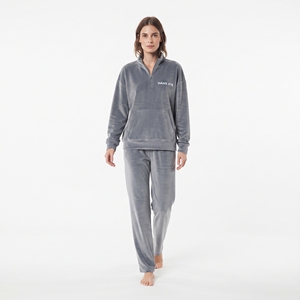<b>Women's</b> Solid Gray Velvet Tracksuit Set <b>Half</b>-<b>Zip</b> <b>Sweatshirt</b> Elastic Waist Loose Fit Pants Winter Loungewear Casual Wear - Product Image 3