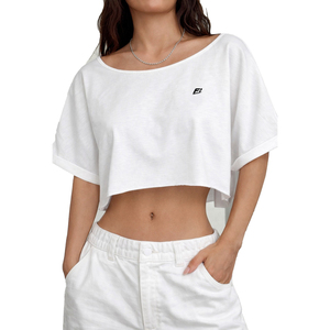 Women's White Crop <b>Top</b> Short Sleeve O-Neck Loose Fit Casual Solid Color Drop Shoulder Knitted T-Shirt Summer women's shirt - Product Image 5
