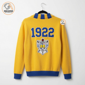 เสื้อผ้ากรีก เสื้อคลุมคาร์ดิแกนสีเหลืองน้ำเงินสำหรับผู้หญิง ปี 1922 ปักลายสไตล์ลำลอง แขนยาว ถักนิตติ้ง ผ้าฝ้าย 100% - Product Image 2