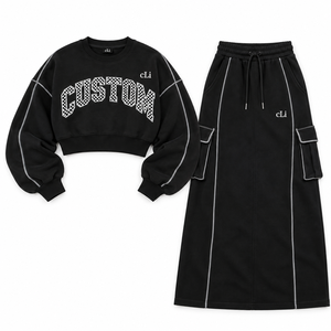Boutique Wholesale Cropped Hoodies Cargo Maxi <b>Skirt</b> Set Custom Applique Letter <b>Utility</b> Pockets Women's Tracksuit Contrast Piping - Product Image 3