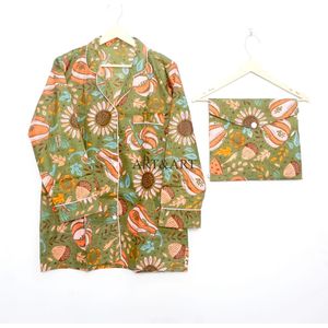 Ensemble de pyjamas pour femmes, élégant, indien, imprimé numérique floral, 100% coton, taille élastique, manches longues, longueur intégrale - Product Image 2