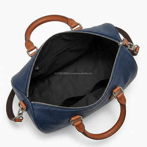 Navy Blue Leather Boston <b>Bag</b> with <b>Tan</b> Handles Zipper Closure Portable Weekender Travel Duffel Mini Speedy <b>Bag</b> Daily Casual Use - Product Image 5