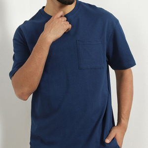 T-shirt à manches courtes bleu marine pour homme avec poche, col rond, décontracté, respirant, été, ensemble de shorts 100% coton - Product Image 5